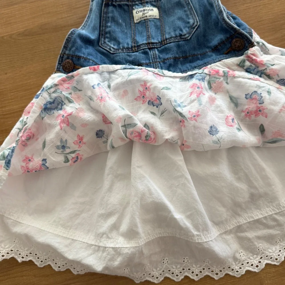 OshKosh Bgosh Girls 4T Denim Floral Eyelet Overall Dress